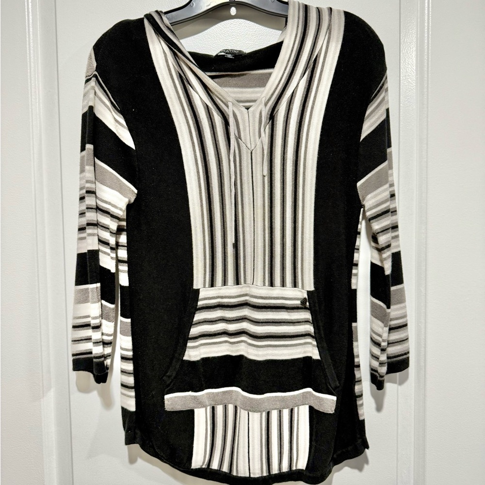 Matix Sweater. Black White Striped Hoodie. Front Pocket. Cotton Bamboo Skater